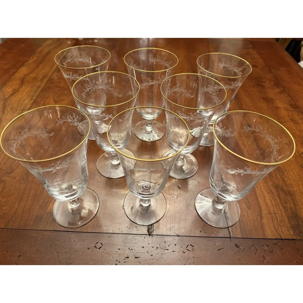 Golden Lace by Fostoria‎ Iced Tea Glasses Set of 8 Vintage Water Etched w/h Gold